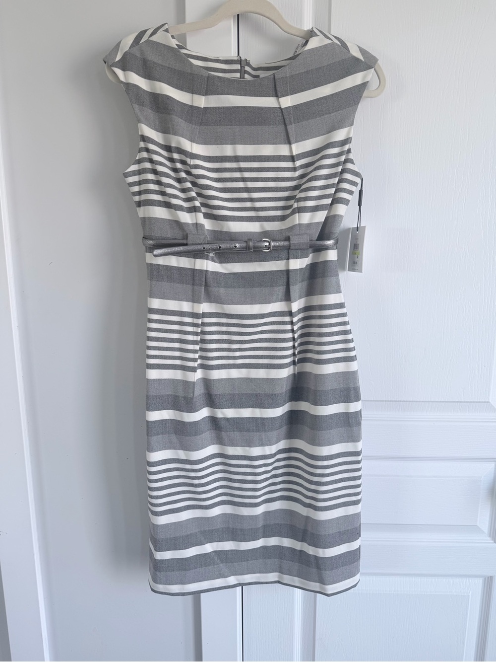 Calvin Klein Striped Gray and White Sleeveless Dress with Belt